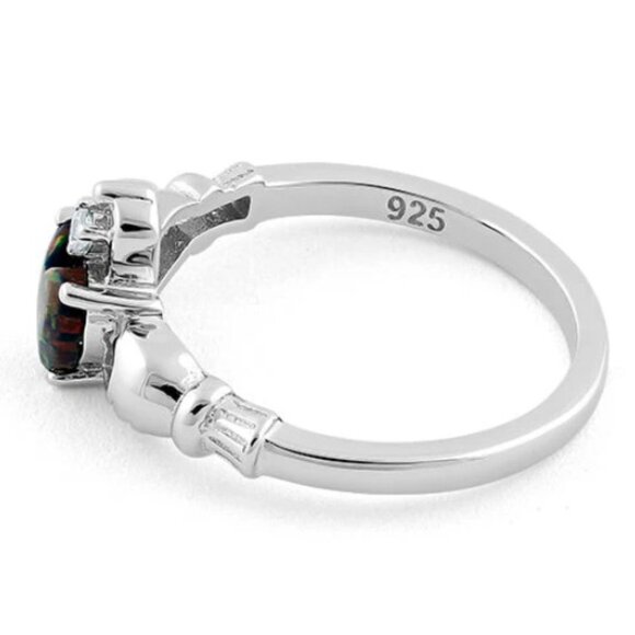 925 STERLING SILVER Dainty Lab Created Black Opal CZ Celtic Claddagh Ring - Picture 15 of 16
